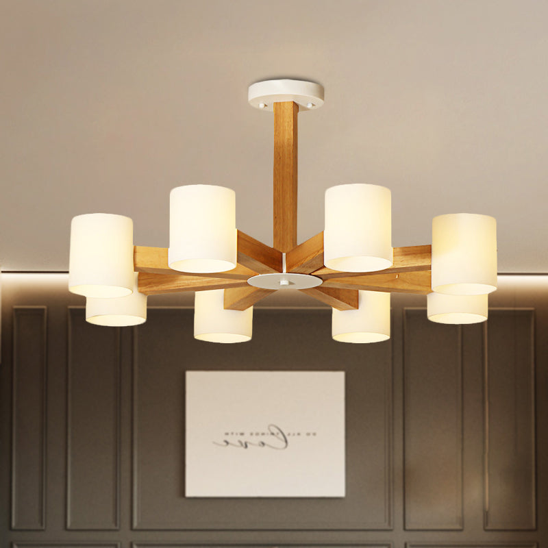 White Cylindrical Shade Pendant Lighting Japanese Stylish Glass & Wood Chandelier for Bedroom 8 White Clearhalo 'Carpenter Chandeliers' 'Ceiling Lights' 'Chandeliers' 'Industrial' 'Modern Chandeliers' 'Modern' Lighting' 774457