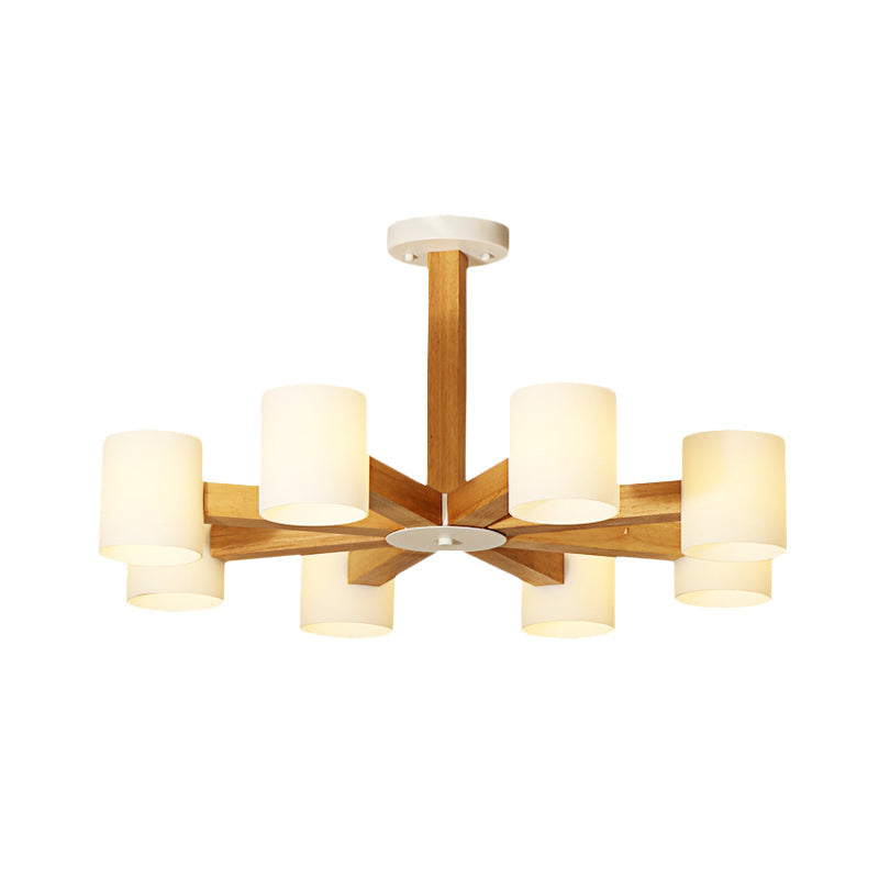 White Cylindrical Shade Pendant Lighting Japanese Stylish Glass & Wood Chandelier for Bedroom Clearhalo 'Carpenter Chandeliers' 'Ceiling Lights' 'Chandeliers' 'Industrial' 'Modern Chandeliers' 'Modern' Lighting' 774459