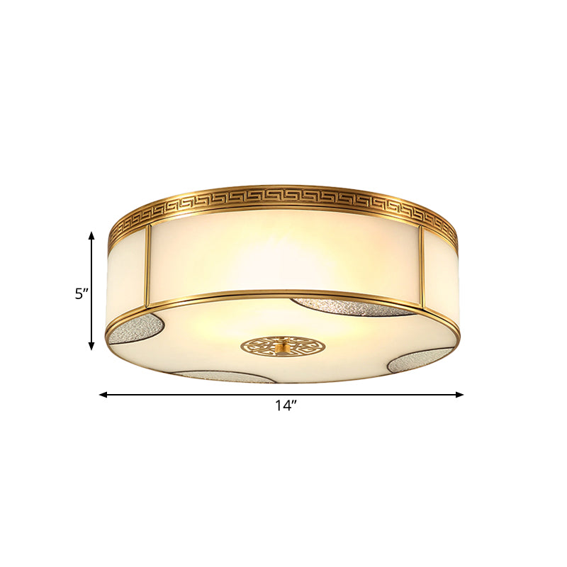 14"/18" Wide 3/4-Light Flush Mount Fixture Traditional Drum Frosted Glass Flush Ceiling Lighting in Brass Clearhalo 'Ceiling Lights' 'Close To Ceiling Lights' 'Close to ceiling' 'Flush mount' Lighting' 780746