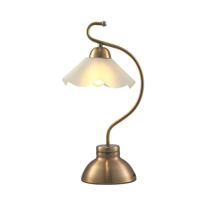 Brass Curvaceous Night Light Vintage Style Metal 1 Bulb Sitting Room Table Lamp with Ruffle Milk Glass Lampshade Clearhalo 'Lamps' 'Table Lamps' Lighting' 780835
