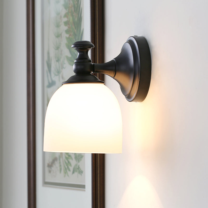 1 Head White Glass Wall Sconce Light Classic Style Black Domed Shade Living Room Wall Lighting Black Clearhalo 'Wall Lamps & Sconces' 'Wall Lights' Lighting' 781016