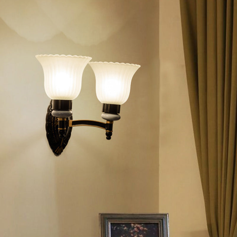 Country Bell Wall Mount Light Fixture 1/2-Light Frosted Glass Sconce Lighting in Black Clearhalo 'Wall Lamps & Sconces' 'Wall Lights' Lighting' 781170