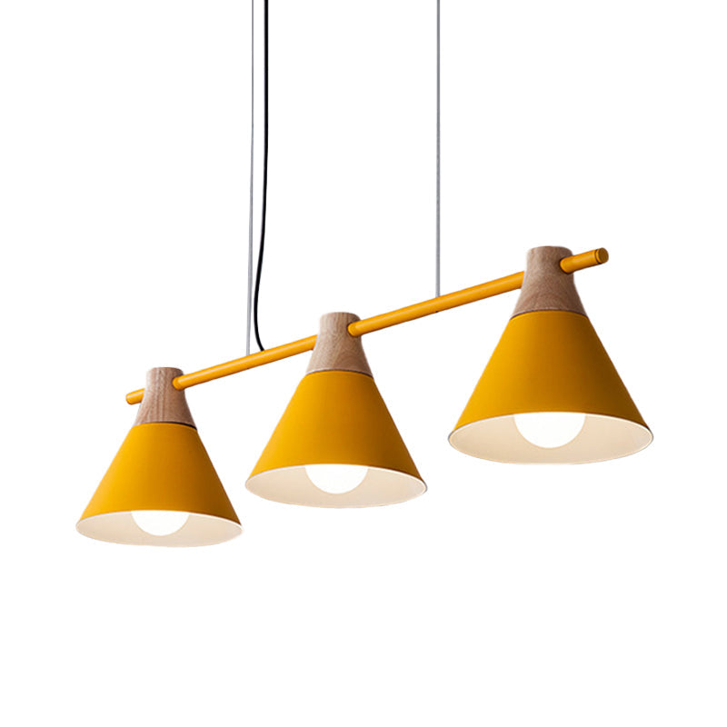 Macaron Cone Iron Hanging Light 3 Heads Island Pendant in Black/White/Blue and Wood over Dining Table Clearhalo 'Ceiling Lights' 'Island Lights' Lighting' 781734