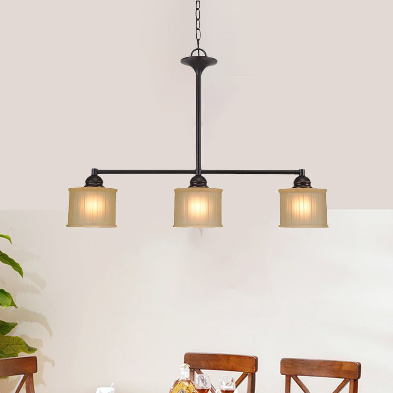 Tan Glass Small Drum Island Light Fixture Traditional 3 Heads Dining Room Pendulum Lamp in Black Black Clearhalo 'Ceiling Lights' 'Chandeliers' 'Glass shade' 'Glass' 'Island Lights' Lighting' 781824