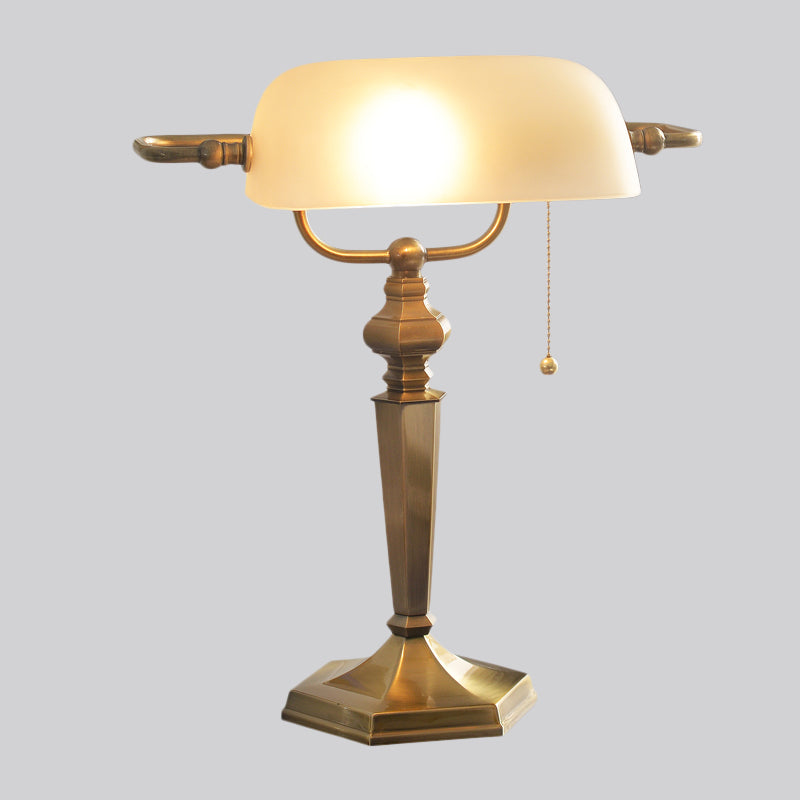 1 Light Pull Chain Night Table Light Traditional Black/Brass Finish Metal Desk Lamp with Tan Glass Shade Clearhalo 'Lamps' 'Table Lamps' Lighting' 781897