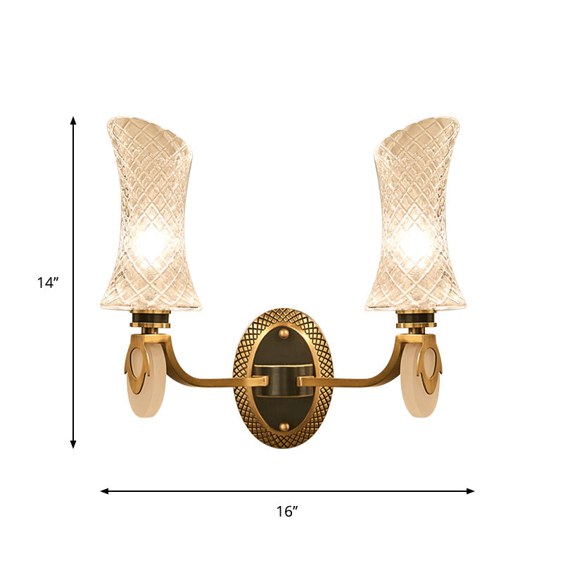 1/2-Light Arc Wall Lighting Traditional Brass Finish Clear Latticed Glass Wall Mounted Lamp Clearhalo 'Wall Lamps & Sconces' 'Wall Lights' Lighting' 781983