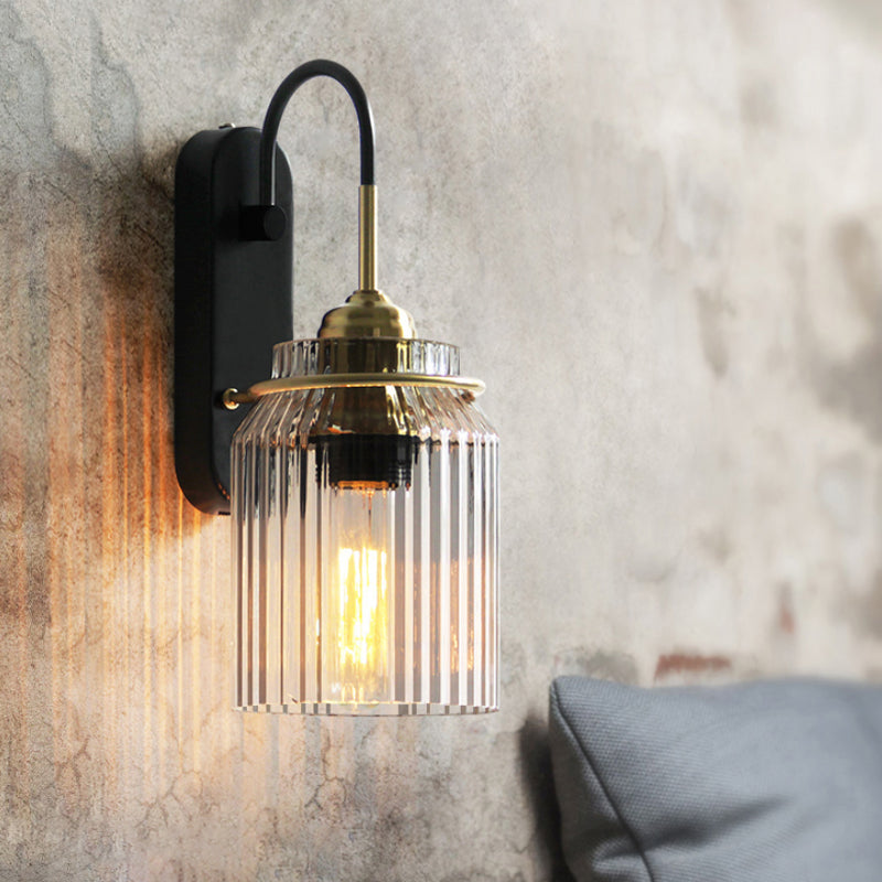 Clear Prismatic Glass Can Shape Sconce Farmhouse 1 Bulb Bedside Wall Mount Light in Black Black Clearhalo 'Wall Lamps & Sconces' 'Wall Lights' Lighting' 781993