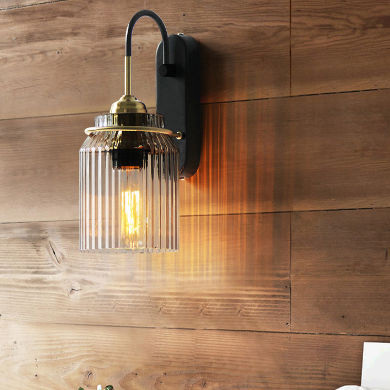 Clear Prismatic Glass Can Shape Sconce Farmhouse 1 Bulb Bedside Wall Mount Light in Black Clearhalo 'Wall Lamps & Sconces' 'Wall Lights' Lighting' 781994