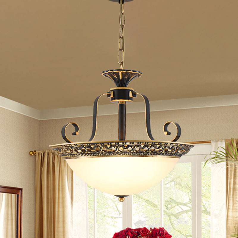Domed Opal Glass Ceiling Chandelier Traditional 3 Lights Dining Room Suspension Lamp in Brass Brass Clearhalo 'Ceiling Lights' 'Chandeliers' 'Glass shade' 'Glass' 'Pendant Lights' Lighting' 782071