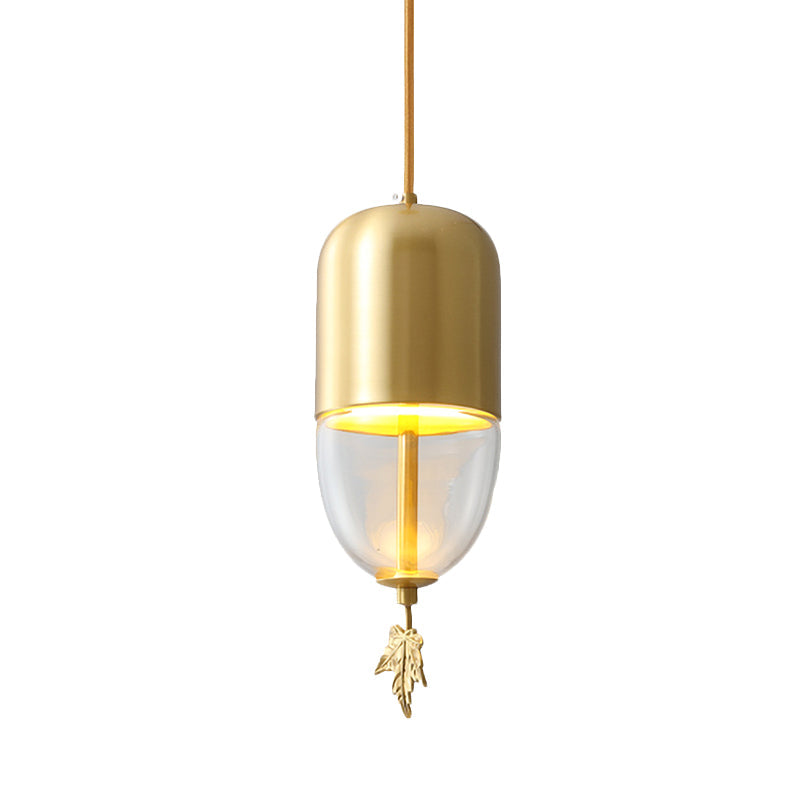 Brass Dome Hanging Lighting Vintage Clear Glass 1-Light Bedside LED Suspension Lamp with Maple Leaf Decor, 3.5"/5"/6" Wide Clearhalo 'Ceiling Lights' 'Pendant Lights' 'Pendants' Lighting' 782205
