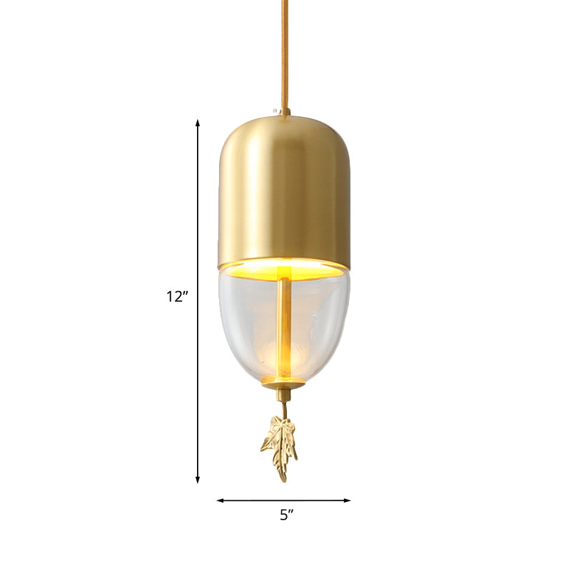 Brass Dome Hanging Lighting Vintage Clear Glass 1-Light Bedside LED Suspension Lamp with Maple Leaf Decor, 3.5"/5"/6" Wide Clearhalo 'Ceiling Lights' 'Pendant Lights' 'Pendants' Lighting' 782206