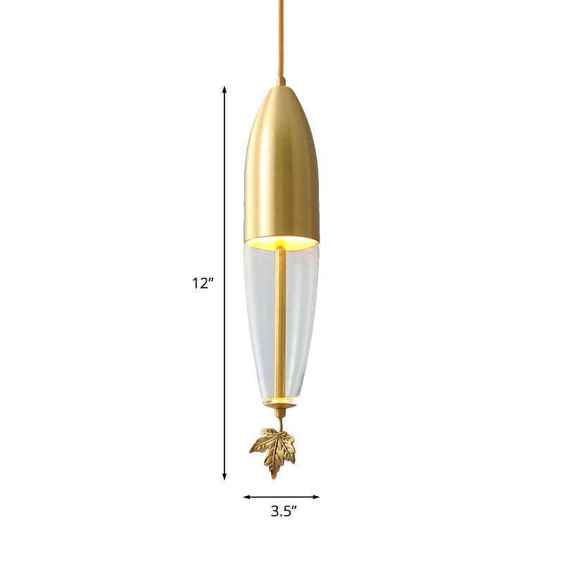 Brass Dome Hanging Lighting Vintage Clear Glass 1-Light Bedside LED Suspension Lamp with Maple Leaf Decor, 3.5"/5"/6" Wide Clearhalo 'Ceiling Lights' 'Pendant Lights' 'Pendants' Lighting' 782216