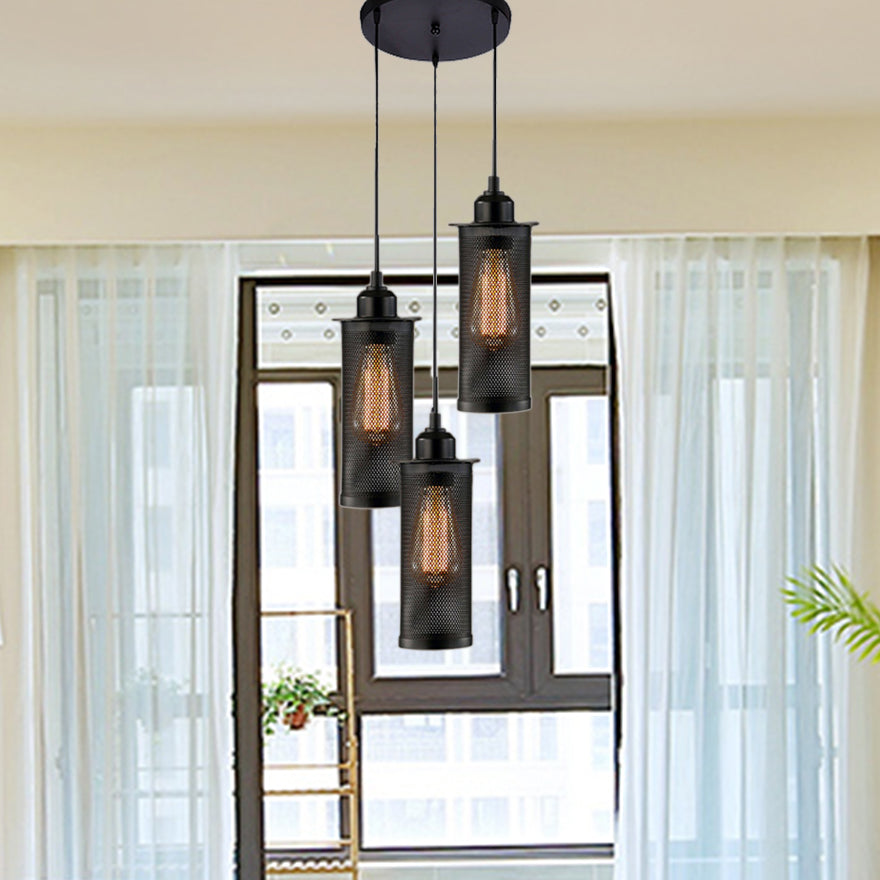 3/8 Bulbs Pendant Light with Cylinder Mesh Shade Metal Vintage Stylish Kitchen Ceiling Fixture in Black, Round/Linear Canopy 3 Black Round Canopy Clearhalo 'Art Deco Pendants' 'Black' 'Cast Iron' 'Ceiling Lights' 'Ceramic' 'Crystal' 'Industrial Pendants' 'Industrial' 'Metal' 'Middle Century Pendants' 'Pendant Lights' 'Pendants' 'Rustic Pendants' 'Tiffany' Lighting' 7825
