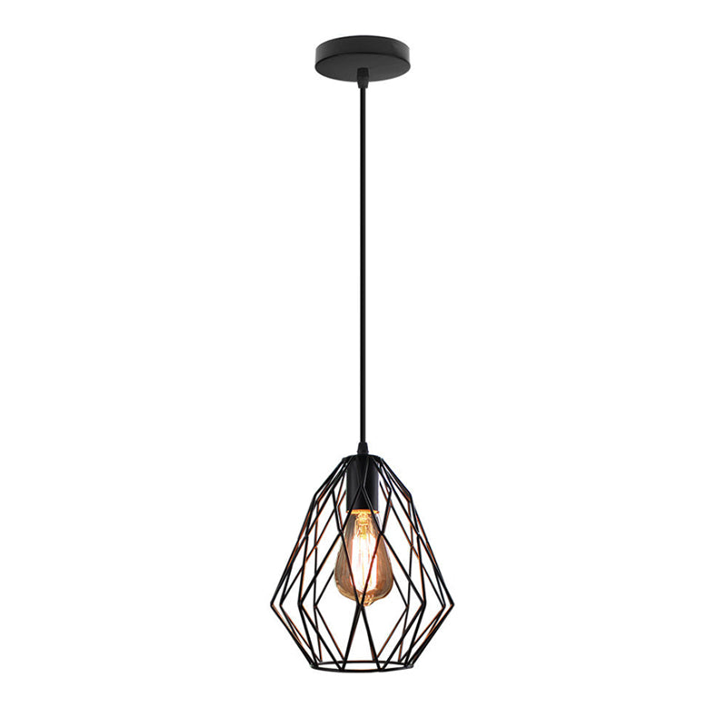 Diamond Cage Metal Pendant Light Industrial 1 Light Dining Room Ceiling Fixture in Black Finish Clearhalo 'Art Deco Pendants' 'Black' 'Cast Iron' 'Ceiling Lights' 'Ceramic' 'Crystal' 'Industrial Pendants' 'Industrial' 'Metal' 'Middle Century Pendants' 'Pendant Lights' 'Pendants' 'Rustic Pendants' 'Tiffany' Lighting' 78361