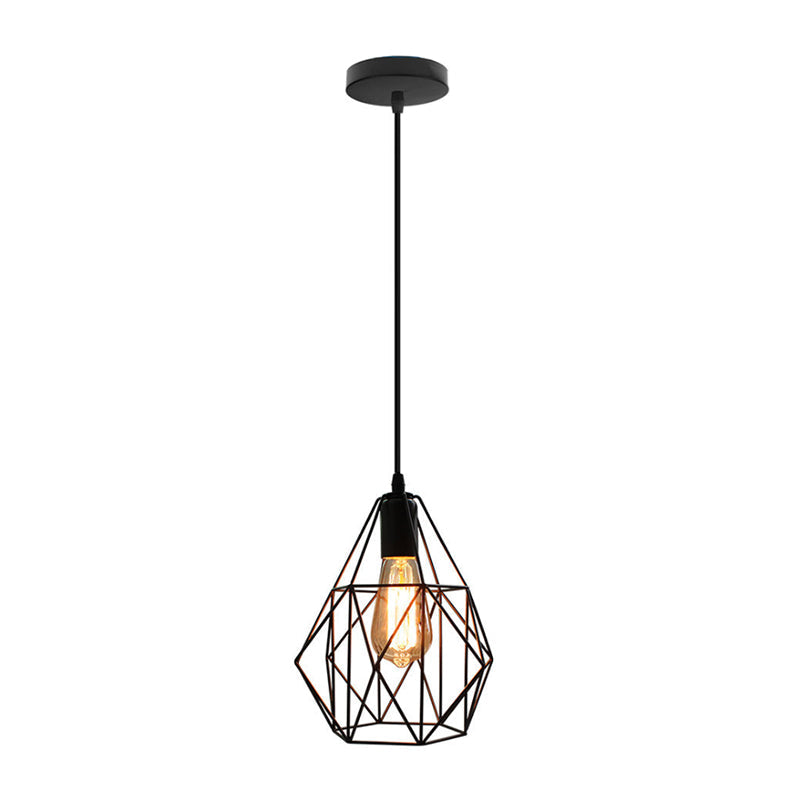 Diamond Cage Metal Pendant Light Industrial 1 Light Dining Room Ceiling Fixture in Black Finish Clearhalo 'Art Deco Pendants' 'Black' 'Cast Iron' 'Ceiling Lights' 'Ceramic' 'Crystal' 'Industrial Pendants' 'Industrial' 'Metal' 'Middle Century Pendants' 'Pendant Lights' 'Pendants' 'Rustic Pendants' 'Tiffany' Lighting' 78364