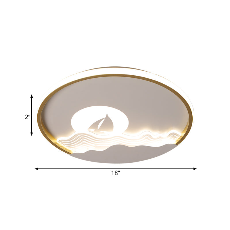 Ultrathin Aluminum Flush Mount Lighting Kids White LED Ceiling Fixture with Boat Sailing In Sea Pattern, Warm/White Light Clearhalo 'Ceiling Lights' 'Close To Ceiling Lights' 'Close to ceiling' 'Flush mount' Lighting' 784038