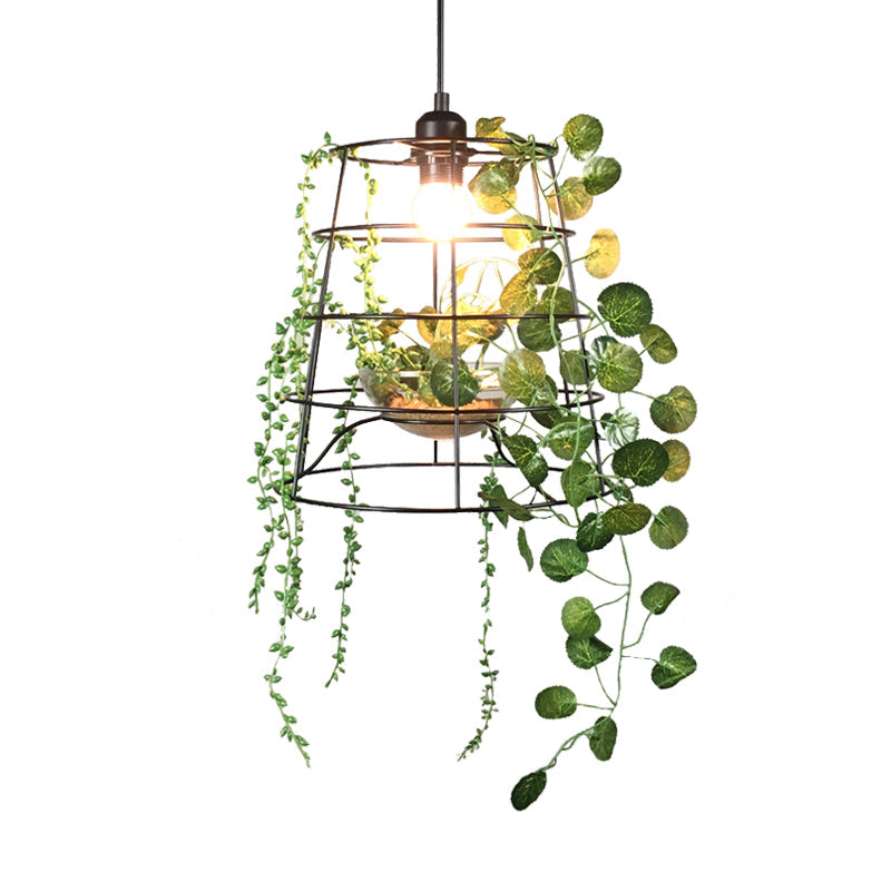 1 Light Pendant Light Antiqued Bucket Cage Metallic Hanging Lighting in Black with Artificial Vine/Succulent Clearhalo 'Art Deco Pendants' 'Black' 'Cast Iron' 'Ceiling Lights' 'Ceramic' 'Crystal' 'Industrial Pendants' 'Industrial' 'Metal' 'Middle Century Pendants' 'Pendant Lights' 'Pendants' 'Rustic Pendants' 'Tiffany' Lighting' 784596