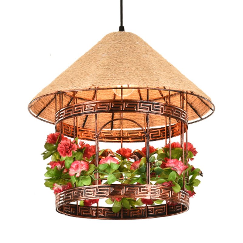 1-Bulb House Pendant Ceiling Light Vintage Black/Rust Finish Rope Hanging Lamp Kit with Flower/Vine Deco Rust Clearhalo 'Art Deco Pendants' 'Black' 'Cast Iron' 'Ceiling Lights' 'Ceramic' 'Crystal' 'Industrial Pendants' 'Industrial' 'Metal' 'Middle Century Pendants' 'Pendant Lights' 'Pendants' 'Rustic Pendants' 'Tiffany' Lighting' 784626