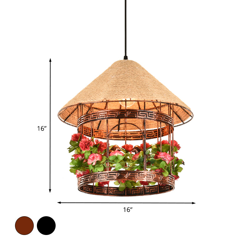 1-Bulb House Pendant Ceiling Light Vintage Black/Rust Finish Rope Hanging Lamp Kit with Flower/Vine Deco Clearhalo 'Art Deco Pendants' 'Black' 'Cast Iron' 'Ceiling Lights' 'Ceramic' 'Crystal' 'Industrial Pendants' 'Industrial' 'Metal' 'Middle Century Pendants' 'Pendant Lights' 'Pendants' 'Rustic Pendants' 'Tiffany' Lighting' 784629