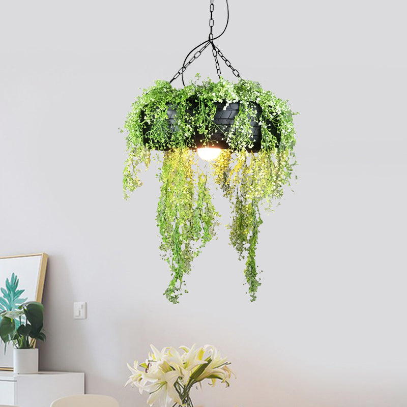 Tyre Dining Room Hanging Lamp Kit Industrial Metal 1-Bulb Green Ceiling Hang Fixture with Fake Vine Deco Clearhalo 'Art Deco Pendants' 'Cast Iron' 'Ceiling Lights' 'Ceramic' 'Crystal' 'Industrial Pendants' 'Industrial' 'Metal' 'Middle Century Pendants' 'Pendant Lights' 'Pendants' 'Tiffany' Lighting' 784647