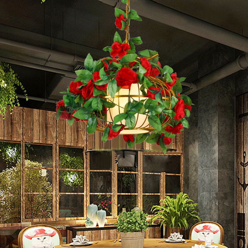 1 Light Metal Hanging Light Fixture Factory Red/Pink/Green Lantern Cage Down Lighting with Fabric Shade and Fake Plant/Flower Clearhalo 'Art Deco Pendants' 'Cast Iron' 'Ceiling Lights' 'Ceramic' 'Crystal' 'Industrial Pendants' 'Industrial' 'Metal' 'Middle Century Pendants' 'Pendant Lights' 'Pendants' 'Tiffany' Lighting' 784663