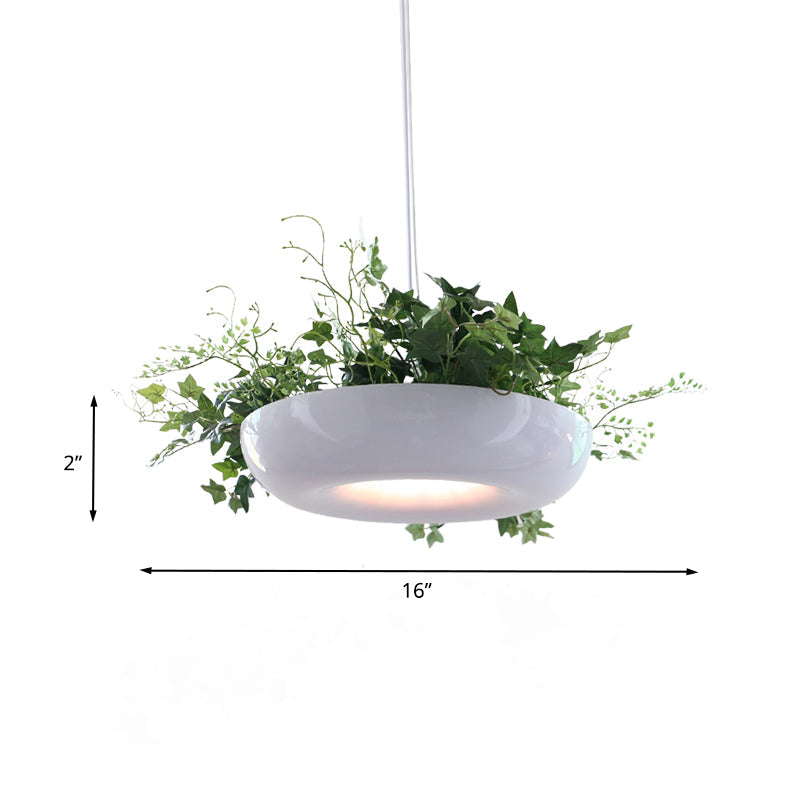 Warehouse Donut Pendant Light 1 Light Metallic Suspension Lighting in White with Green Vine Deco Clearhalo 'Art Deco Pendants' 'Cast Iron' 'Ceiling Lights' 'Ceramic' 'Crystal' 'Industrial Pendants' 'Industrial' 'Metal' 'Middle Century Pendants' 'Pendant Lights' 'Pendants' 'Tiffany' Lighting' 784686