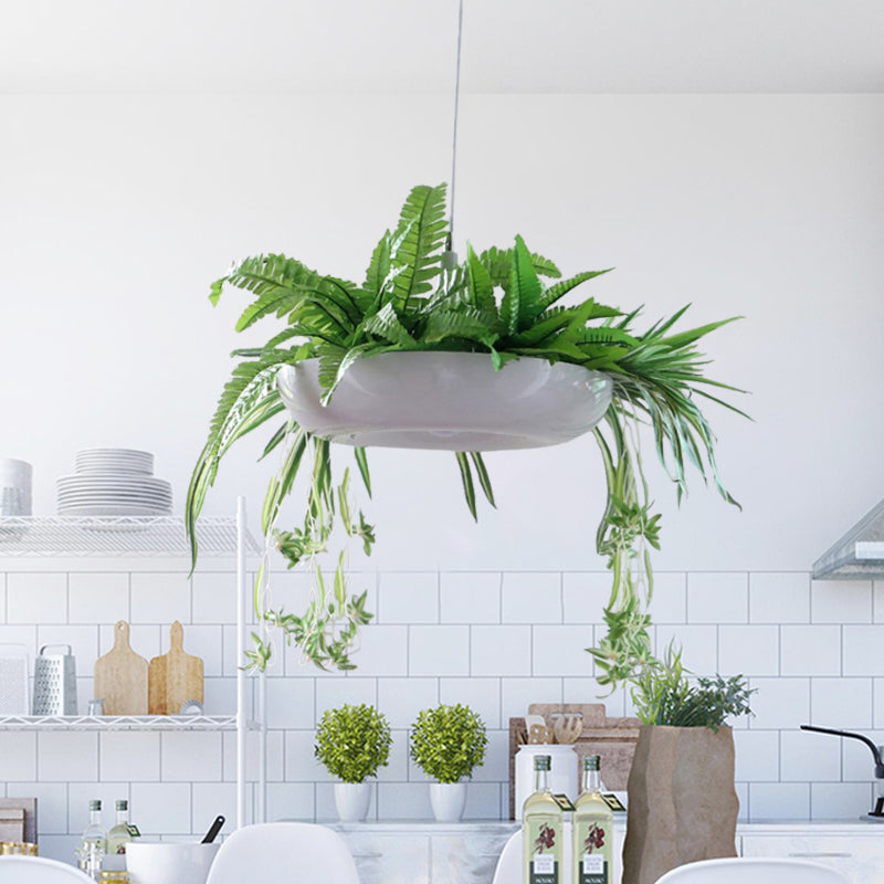 Warehouse Donut Pendant Light 1 Light Metallic Suspension Lighting in White with Green Vine Deco Clearhalo 'Art Deco Pendants' 'Cast Iron' 'Ceiling Lights' 'Ceramic' 'Crystal' 'Industrial Pendants' 'Industrial' 'Metal' 'Middle Century Pendants' 'Pendant Lights' 'Pendants' 'Tiffany' Lighting' 784689