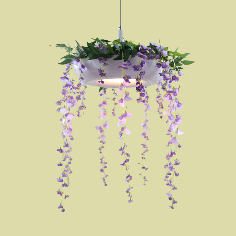 Metallic Donut Shade Pendant Light Fixture Farm 1-Light Living Room Hanging Lamp Kit in White/Pink/Purple with Cascading Flower Deco Clearhalo 'Art Deco Pendants' 'Cast Iron' 'Ceiling Lights' 'Ceramic' 'Crystal' 'Industrial Pendants' 'Industrial' 'Metal' 'Middle Century Pendants' 'Pendant Lights' 'Pendants' 'Tiffany' Lighting' 784694