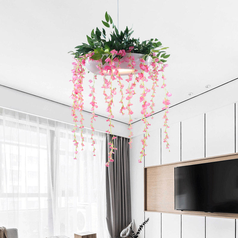 Metallic Donut Shade Pendant Light Fixture Farm 1-Light Living Room Hanging Lamp Kit in White/Pink/Purple with Cascading Flower Deco Clearhalo 'Art Deco Pendants' 'Cast Iron' 'Ceiling Lights' 'Ceramic' 'Crystal' 'Industrial Pendants' 'Industrial' 'Metal' 'Middle Century Pendants' 'Pendant Lights' 'Pendants' 'Tiffany' Lighting' 784701