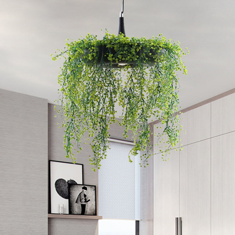 Donut Metal Pendant Lighting Loft Style 1-Bulb Balcony Hanging Ceiling Light in Black/White with Artificial Vine Deco Clearhalo 'Art Deco Pendants' 'Black' 'Cast Iron' 'Ceiling Lights' 'Ceramic' 'Crystal' 'Industrial Pendants' 'Industrial' 'Metal' 'Middle Century Pendants' 'Pendant Lights' 'Pendants' 'Rustic Pendants' 'Tiffany' Lighting' 784718
