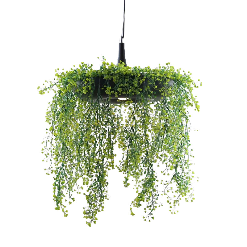 Donut Metal Pendant Lighting Loft Style 1-Bulb Balcony Hanging Ceiling Light in Black/White with Artificial Vine Deco Clearhalo 'Art Deco Pendants' 'Black' 'Cast Iron' 'Ceiling Lights' 'Ceramic' 'Crystal' 'Industrial Pendants' 'Industrial' 'Metal' 'Middle Century Pendants' 'Pendant Lights' 'Pendants' 'Rustic Pendants' 'Tiffany' Lighting' 784719