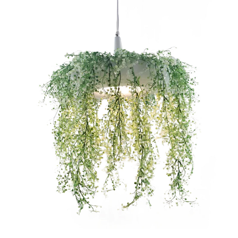 Donut Metal Pendant Lighting Loft Style 1-Bulb Balcony Hanging Ceiling Light in Black/White with Artificial Vine Deco Clearhalo 'Art Deco Pendants' 'Black' 'Cast Iron' 'Ceiling Lights' 'Ceramic' 'Crystal' 'Industrial Pendants' 'Industrial' 'Metal' 'Middle Century Pendants' 'Pendant Lights' 'Pendants' 'Rustic Pendants' 'Tiffany' Lighting' 784724