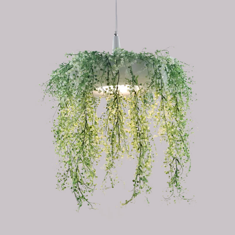 Donut Metal Pendant Lighting Loft Style 1-Bulb Balcony Hanging Ceiling Light in Black/White with Artificial Vine Deco Clearhalo 'Art Deco Pendants' 'Black' 'Cast Iron' 'Ceiling Lights' 'Ceramic' 'Crystal' 'Industrial Pendants' 'Industrial' 'Metal' 'Middle Century Pendants' 'Pendant Lights' 'Pendants' 'Rustic Pendants' 'Tiffany' Lighting' 784725