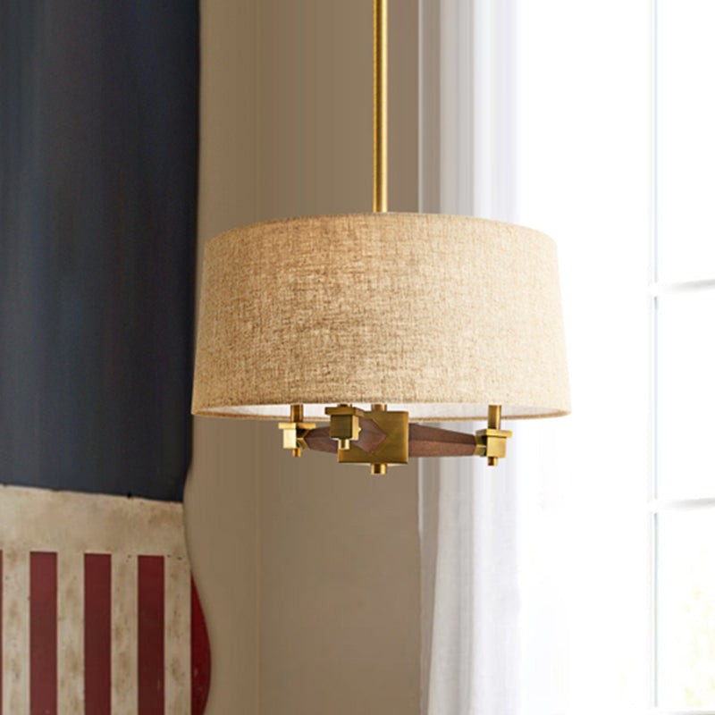 Drum Bedroom Hanging Chandelier Farmhouse Fabric 3 Bulbs White/Light Wood/Dark Wood Ceiling Suspension Light Clearhalo 'Ceiling Lights' 'Chandeliers' Lighting' options 784726