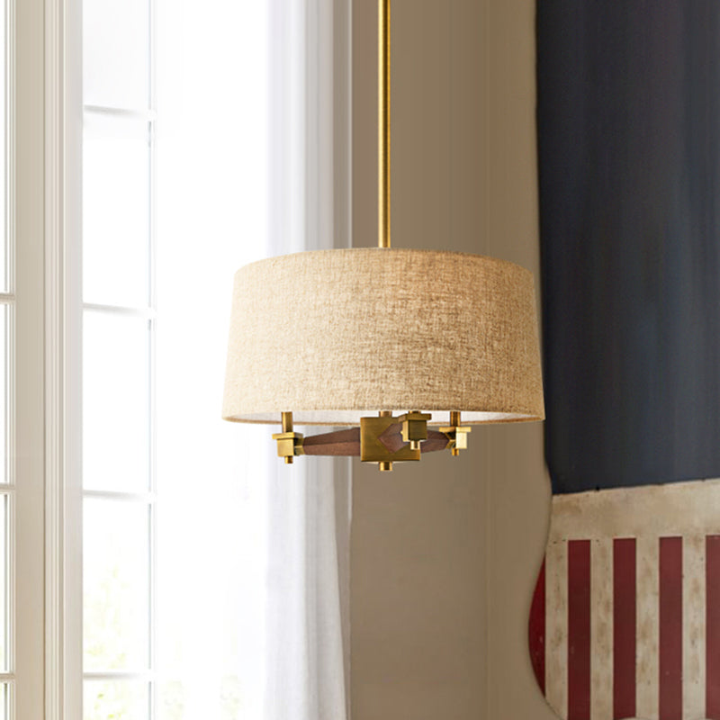 Drum Bedroom Hanging Chandelier Farmhouse Fabric 3 Bulbs White/Light Wood/Dark Wood Ceiling Suspension Light Clearhalo 'Ceiling Lights' 'Chandeliers' Lighting' options 784727