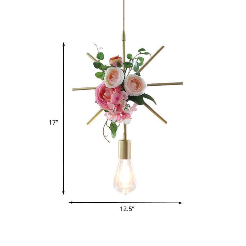 Metal Gold Ceiling Pendant Artificial Flower 1 Head Industrial Hanging Light Fixture with Triangle/Square/Linear Frame Clearhalo 'Art Deco Pendants' 'Cast Iron' 'Ceiling Lights' 'Ceramic' 'Crystal' 'Industrial Pendants' 'Industrial' 'Metal' 'Middle Century Pendants' 'Pendant Lights' 'Pendants' 'Tiffany' Lighting' 784796