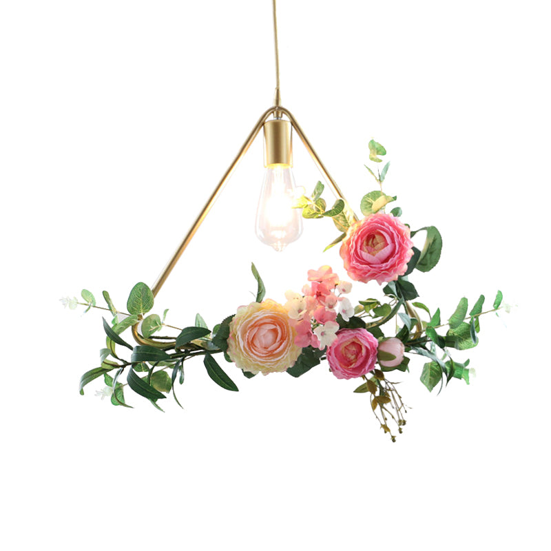 Metal Gold Ceiling Pendant Artificial Flower 1 Head Industrial Hanging Light Fixture with Triangle/Square/Linear Frame Clearhalo 'Art Deco Pendants' 'Cast Iron' 'Ceiling Lights' 'Ceramic' 'Crystal' 'Industrial Pendants' 'Industrial' 'Metal' 'Middle Century Pendants' 'Pendant Lights' 'Pendants' 'Tiffany' Lighting' 784800
