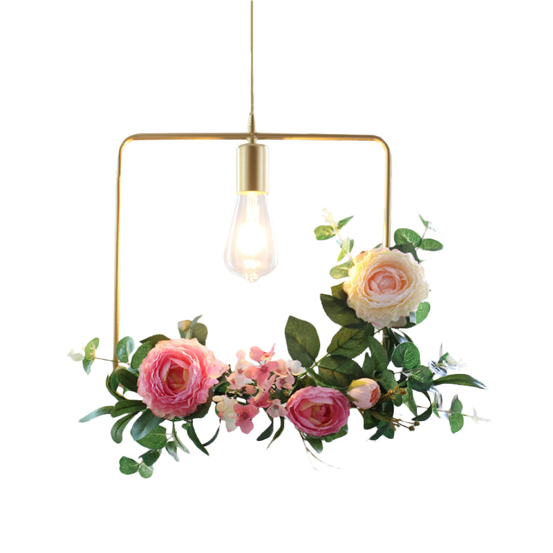 Metal Gold Ceiling Pendant Artificial Flower 1 Head Industrial Hanging Light Fixture with Triangle/Square/Linear Frame Clearhalo 'Art Deco Pendants' 'Cast Iron' 'Ceiling Lights' 'Ceramic' 'Crystal' 'Industrial Pendants' 'Industrial' 'Metal' 'Middle Century Pendants' 'Pendant Lights' 'Pendants' 'Tiffany' Lighting' 784814