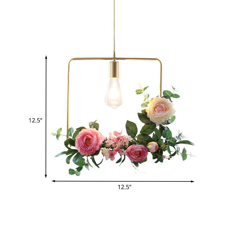 Metal Gold Ceiling Pendant Artificial Flower 1 Head Industrial Hanging Light Fixture with Triangle/Square/Linear Frame Clearhalo 'Art Deco Pendants' 'Cast Iron' 'Ceiling Lights' 'Ceramic' 'Crystal' 'Industrial Pendants' 'Industrial' 'Metal' 'Middle Century Pendants' 'Pendant Lights' 'Pendants' 'Tiffany' Lighting' 784816
