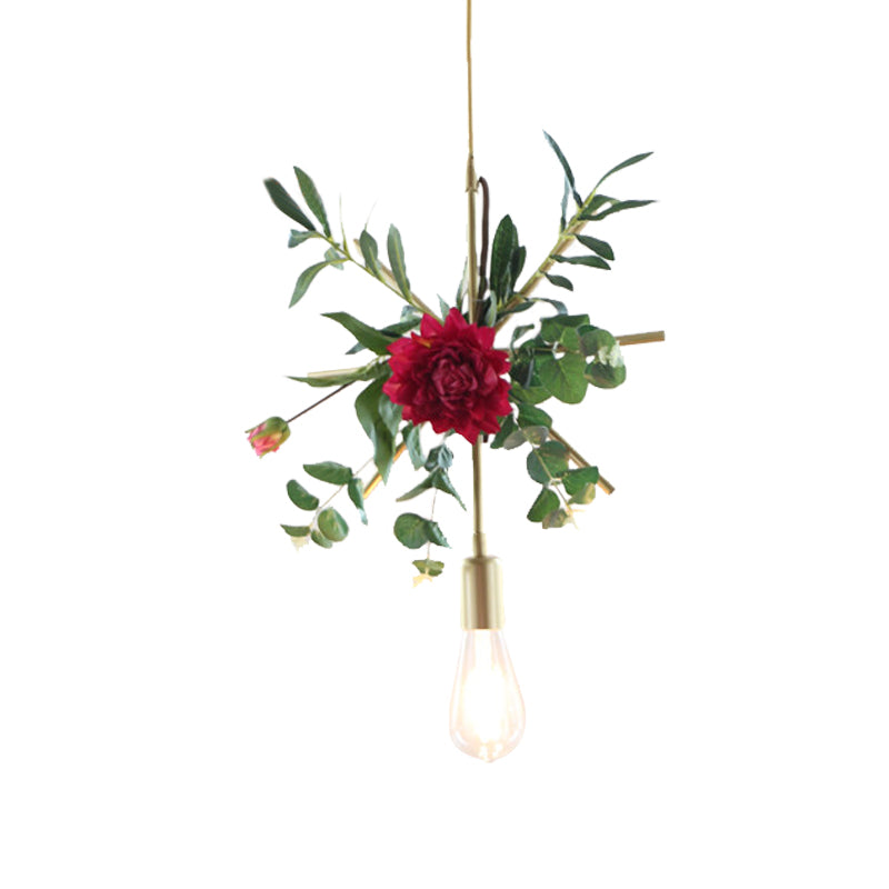 Gold 1 Bulb Drop Pendant Farm Iron Triangle/Square/Rectangle Frame Suspension Lighting with Fake Rose Clearhalo 'Art Deco Pendants' 'Cast Iron' 'Ceiling Lights' 'Ceramic' 'Crystal' 'Industrial Pendants' 'Industrial' 'Metal' 'Middle Century Pendants' 'Pendant Lights' 'Pendants' 'Tiffany' Lighting' 784830
