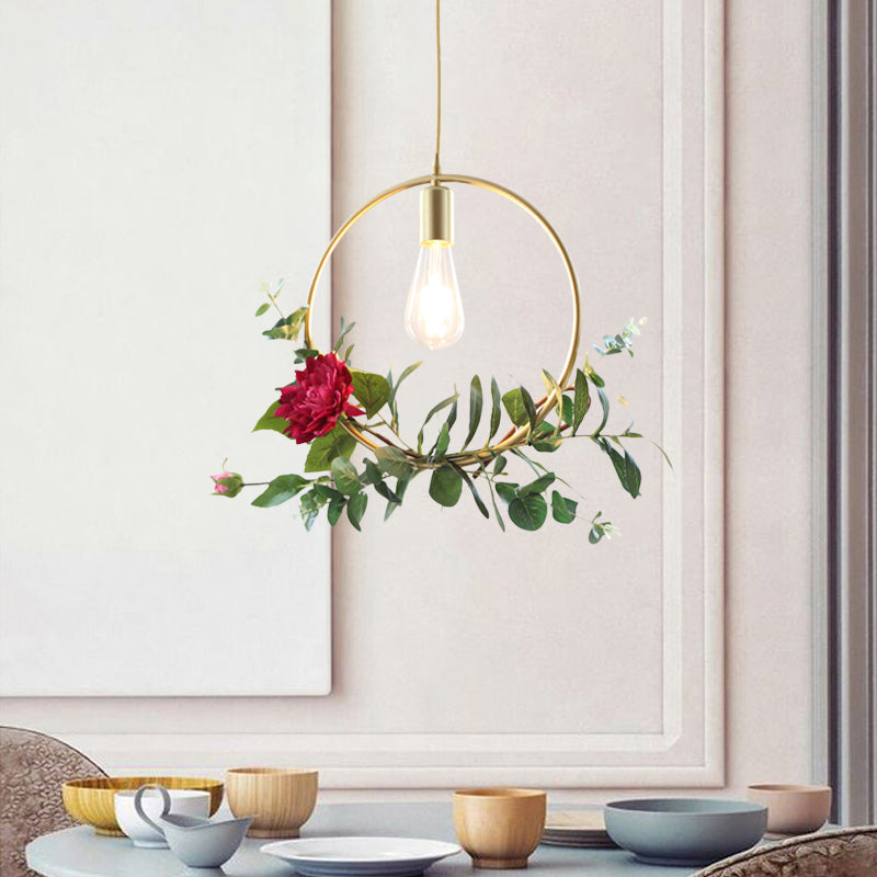 Gold 1 Bulb Drop Pendant Farm Iron Triangle/Square/Rectangle Frame Suspension Lighting with Fake Rose Clearhalo 'Art Deco Pendants' 'Cast Iron' 'Ceiling Lights' 'Ceramic' 'Crystal' 'Industrial Pendants' 'Industrial' 'Metal' 'Middle Century Pendants' 'Pendant Lights' 'Pendants' 'Tiffany' Lighting' 784834