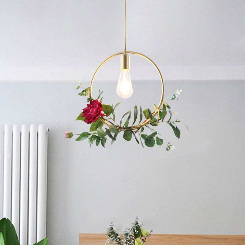 Gold 1 Bulb Drop Pendant Farm Iron Triangle/Square/Rectangle Frame Suspension Lighting with Fake Rose Clearhalo 'Art Deco Pendants' 'Cast Iron' 'Ceiling Lights' 'Ceramic' 'Crystal' 'Industrial Pendants' 'Industrial' 'Metal' 'Middle Century Pendants' 'Pendant Lights' 'Pendants' 'Tiffany' Lighting' 784835