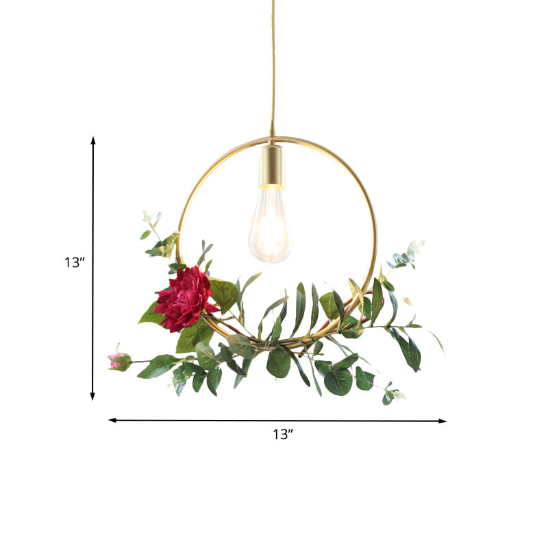 Gold 1 Bulb Drop Pendant Farm Iron Triangle/Square/Rectangle Frame Suspension Lighting with Fake Rose Clearhalo 'Art Deco Pendants' 'Cast Iron' 'Ceiling Lights' 'Ceramic' 'Crystal' 'Industrial Pendants' 'Industrial' 'Metal' 'Middle Century Pendants' 'Pendant Lights' 'Pendants' 'Tiffany' Lighting' 784837