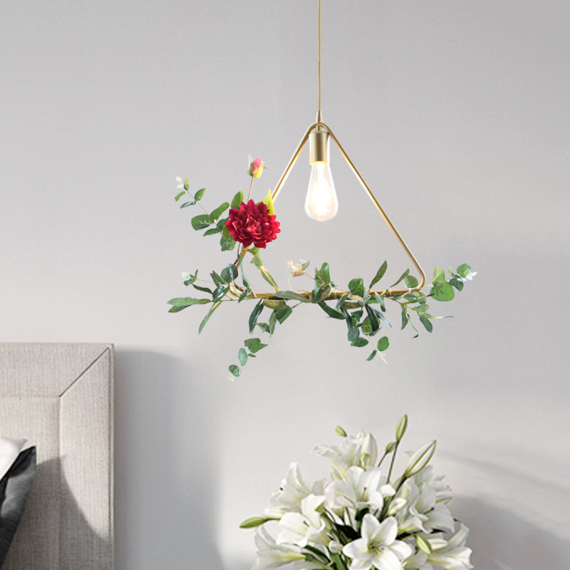 Gold 1 Bulb Drop Pendant Farm Iron Triangle/Square/Rectangle Frame Suspension Lighting with Fake Rose Clearhalo 'Art Deco Pendants' 'Cast Iron' 'Ceiling Lights' 'Ceramic' 'Crystal' 'Industrial Pendants' 'Industrial' 'Metal' 'Middle Century Pendants' 'Pendant Lights' 'Pendants' 'Tiffany' Lighting' 784839