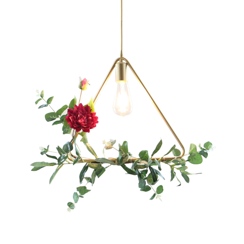 Gold 1 Bulb Drop Pendant Farm Iron Triangle/Square/Rectangle Frame Suspension Lighting with Fake Rose Clearhalo 'Art Deco Pendants' 'Cast Iron' 'Ceiling Lights' 'Ceramic' 'Crystal' 'Industrial Pendants' 'Industrial' 'Metal' 'Middle Century Pendants' 'Pendant Lights' 'Pendants' 'Tiffany' Lighting' 784840