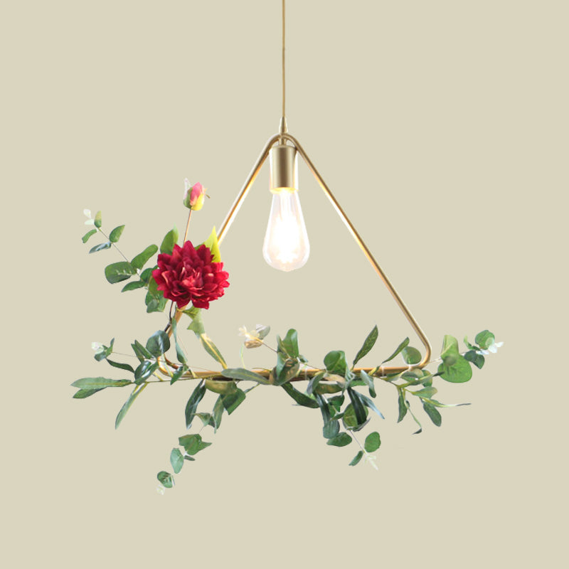 Gold 1 Bulb Drop Pendant Farm Iron Triangle/Square/Rectangle Frame Suspension Lighting with Fake Rose Clearhalo 'Art Deco Pendants' 'Cast Iron' 'Ceiling Lights' 'Ceramic' 'Crystal' 'Industrial Pendants' 'Industrial' 'Metal' 'Middle Century Pendants' 'Pendant Lights' 'Pendants' 'Tiffany' Lighting' 784841