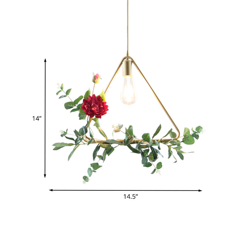 Gold 1 Bulb Drop Pendant Farm Iron Triangle/Square/Rectangle Frame Suspension Lighting with Fake Rose Clearhalo 'Art Deco Pendants' 'Cast Iron' 'Ceiling Lights' 'Ceramic' 'Crystal' 'Industrial Pendants' 'Industrial' 'Metal' 'Middle Century Pendants' 'Pendant Lights' 'Pendants' 'Tiffany' Lighting' 784842