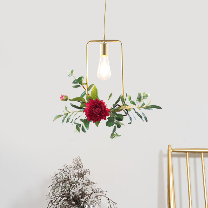 Gold 1 Bulb Drop Pendant Farm Iron Triangle/Square/Rectangle Frame Suspension Lighting with Fake Rose Clearhalo 'Art Deco Pendants' 'Cast Iron' 'Ceiling Lights' 'Ceramic' 'Crystal' 'Industrial Pendants' 'Industrial' 'Metal' 'Middle Century Pendants' 'Pendant Lights' 'Pendants' 'Tiffany' Lighting' 784844