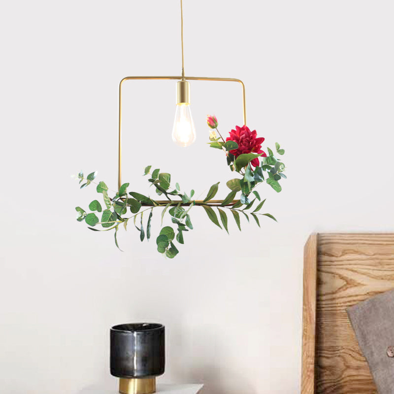 Gold 1 Bulb Drop Pendant Farm Iron Triangle/Square/Rectangle Frame Suspension Lighting with Fake Rose Clearhalo 'Art Deco Pendants' 'Cast Iron' 'Ceiling Lights' 'Ceramic' 'Crystal' 'Industrial Pendants' 'Industrial' 'Metal' 'Middle Century Pendants' 'Pendant Lights' 'Pendants' 'Tiffany' Lighting' 784849