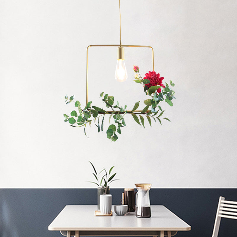 Gold 1 Bulb Drop Pendant Farm Iron Triangle/Square/Rectangle Frame Suspension Lighting with Fake Rose Clearhalo 'Art Deco Pendants' 'Cast Iron' 'Ceiling Lights' 'Ceramic' 'Crystal' 'Industrial Pendants' 'Industrial' 'Metal' 'Middle Century Pendants' 'Pendant Lights' 'Pendants' 'Tiffany' Lighting' 784850